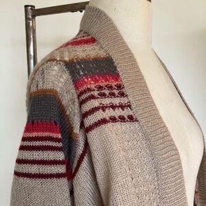 Cozy fringed draped striped cardigan waterfall sweater, high low, XS S